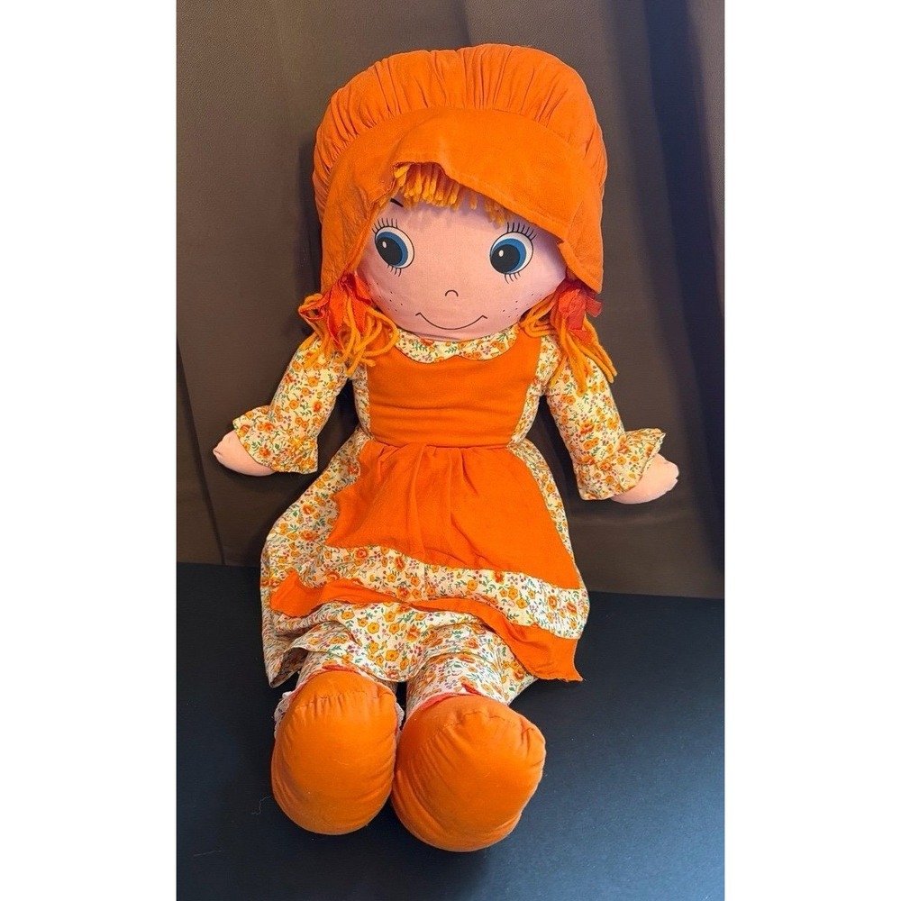 Vintage Cuddle Wit Rag Doll Orange Floral Sunbonnet Americana Plush Toy Retro
